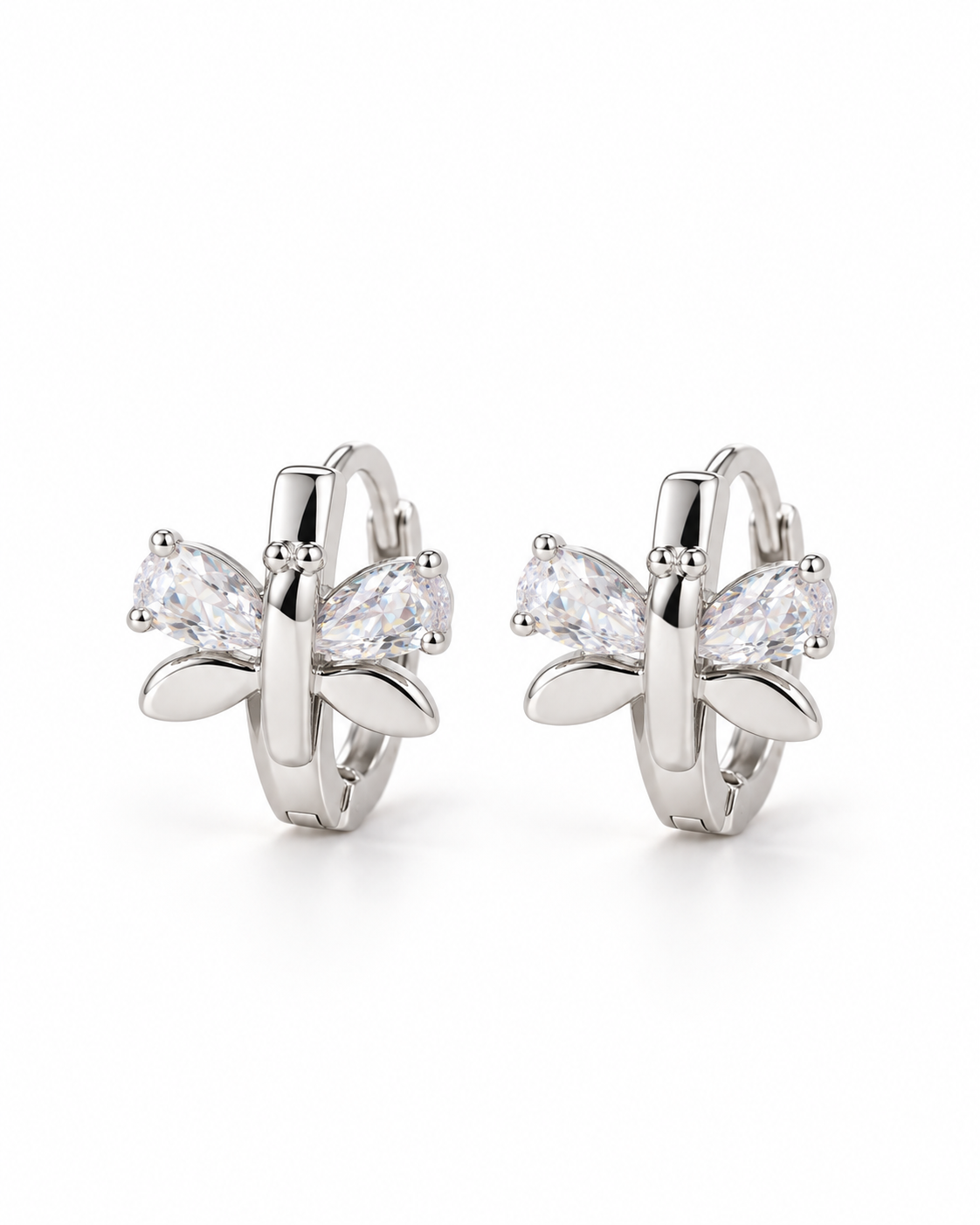 Silver Butterfly Wing Huggie Earrings — white background