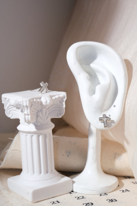 Silver CZ Cross Stud Earrings — edited real product photo