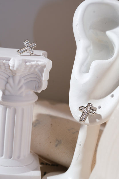 Silver CZ Cross Stud Earrings — edited real product photo