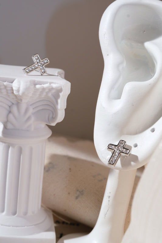 Silver CZ Cross Stud Earrings — edited real product photo