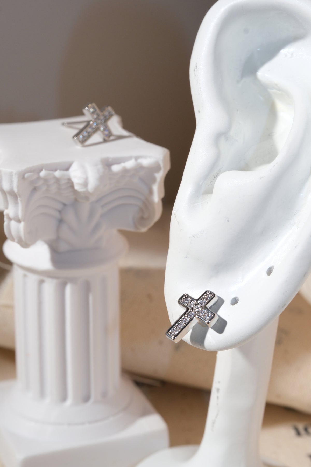 Silver CZ Cross Stud Earrings — edited real product photo