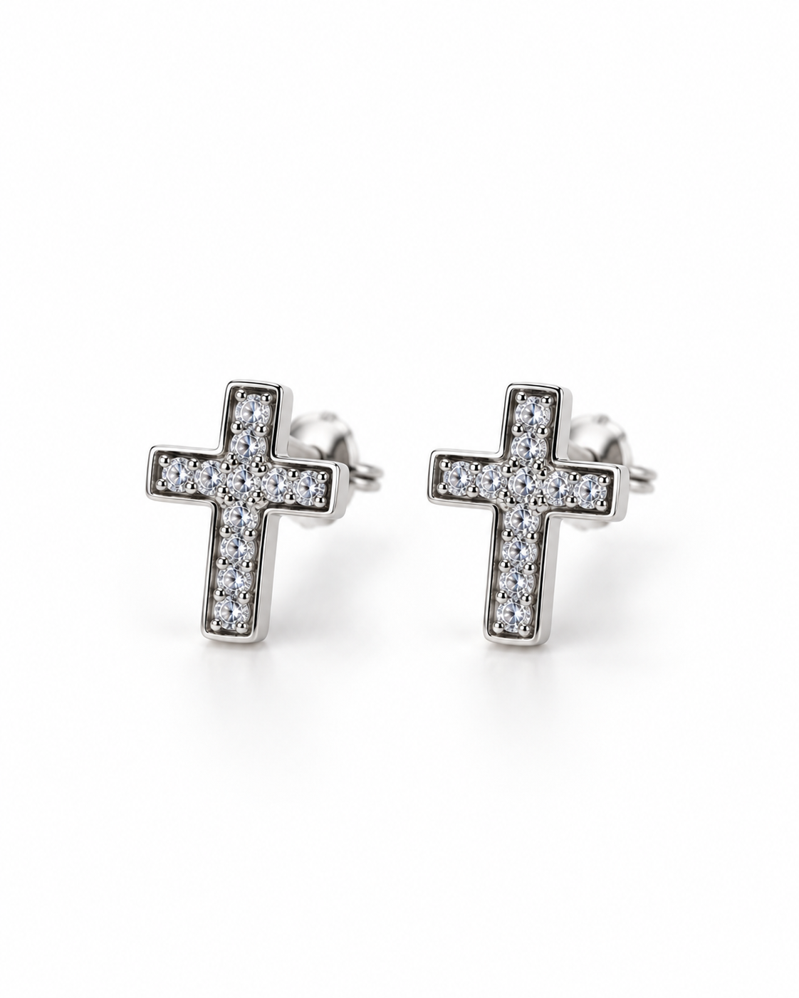 Silver CZ Cross Stud Earrings — white background