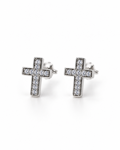 Silver CZ Cross Stud Earrings — white background