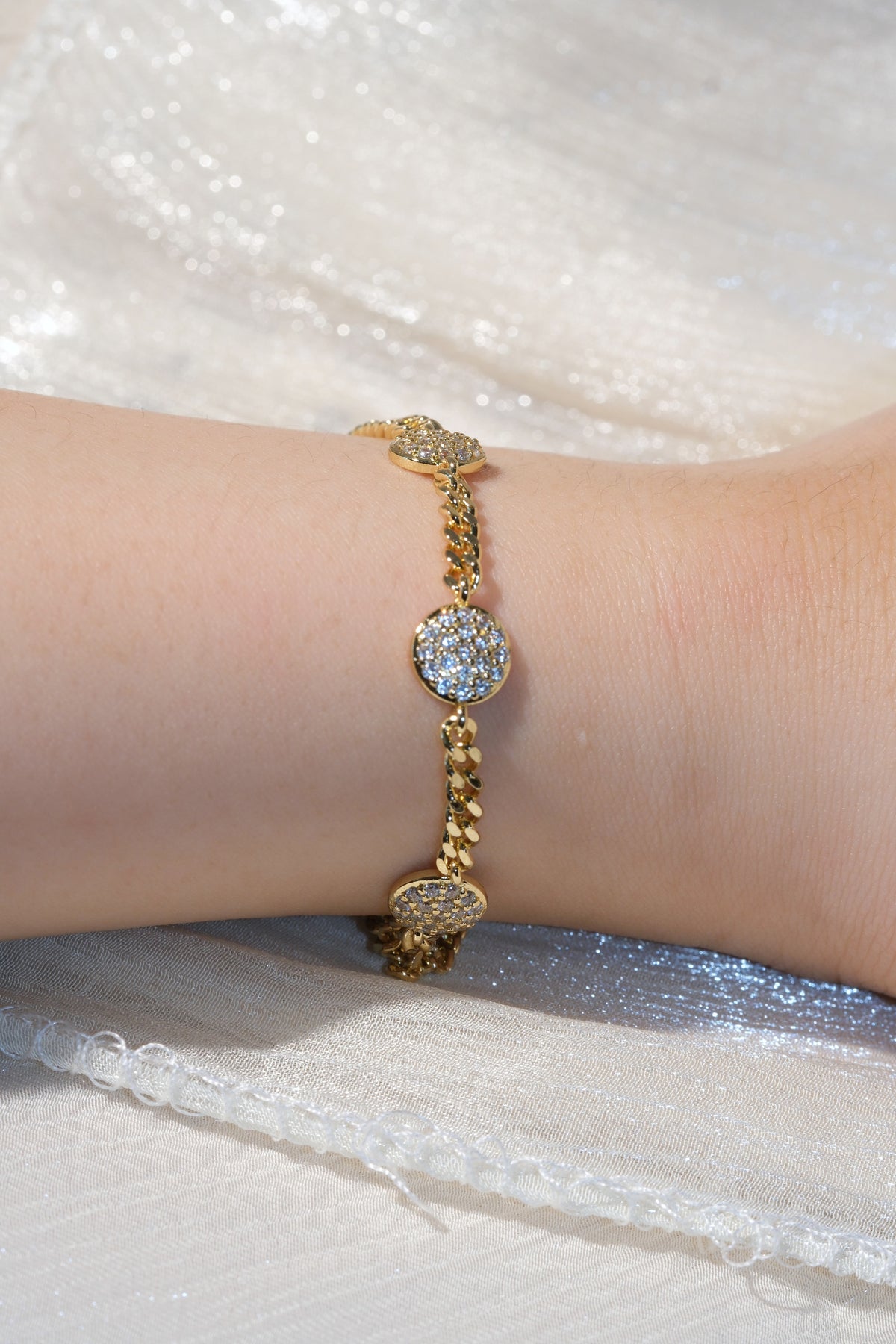 Pave Disc Station Bracelet — Gold — edited real product photo