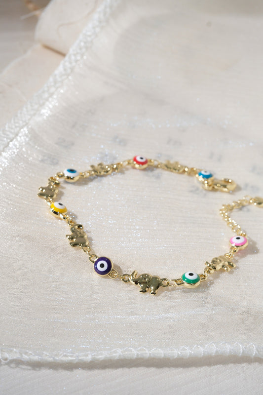 Colorful Eye and Elephant Bracelet — Gold — edited real product photo