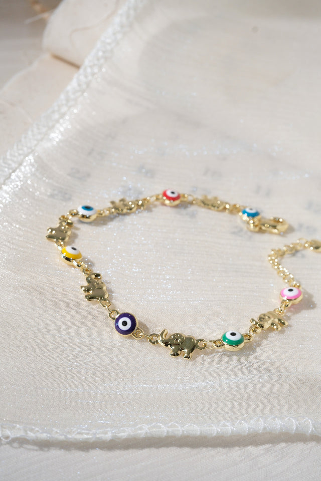 Colorful Eye and Elephant Bracelet — Gold