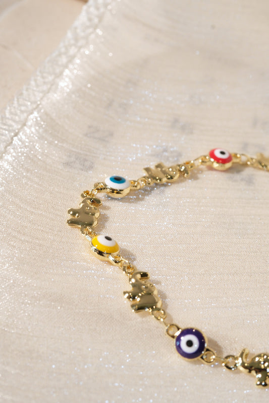 Colorful Eye and Elephant Bracelet — Gold — edited real product photo