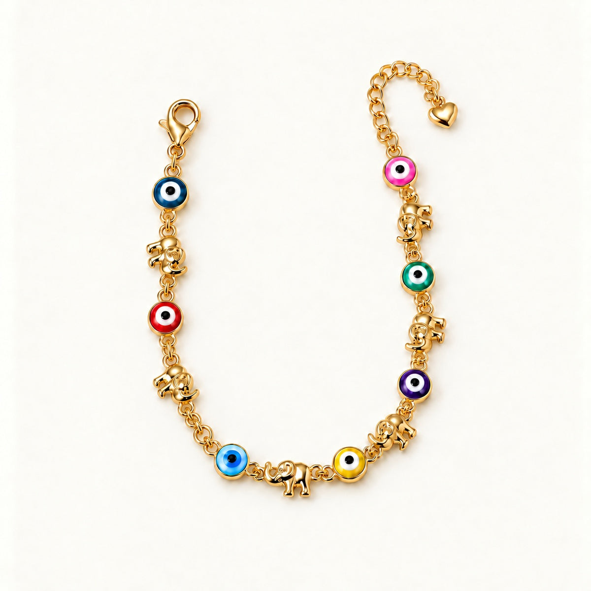 Colorful Eye and Elephant Bracelet — Gold — white background