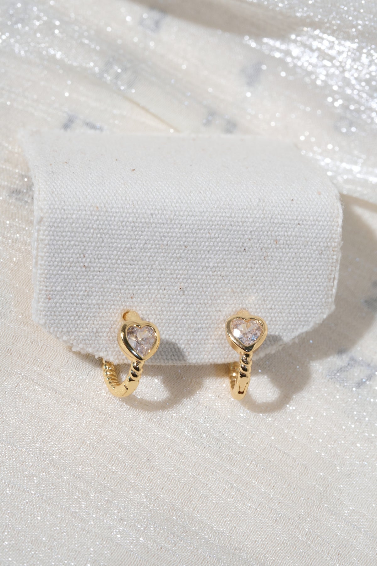 Beaded Heart CZ Huggies — Gold — edited real product photo