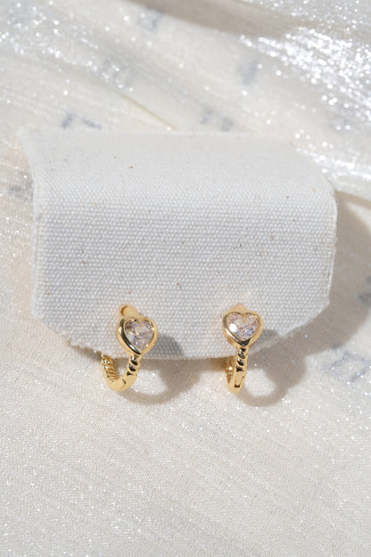 Beaded Heart CZ Huggies — Gold — edited real product photo