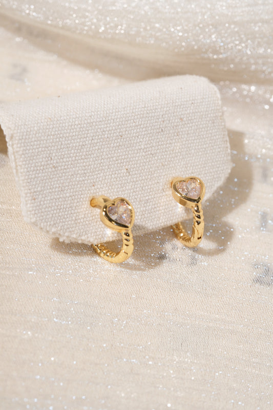 Beaded Heart CZ Huggies — Gold — edited real product photo