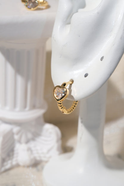 Beaded Heart CZ Huggies — Gold — edited real product photo