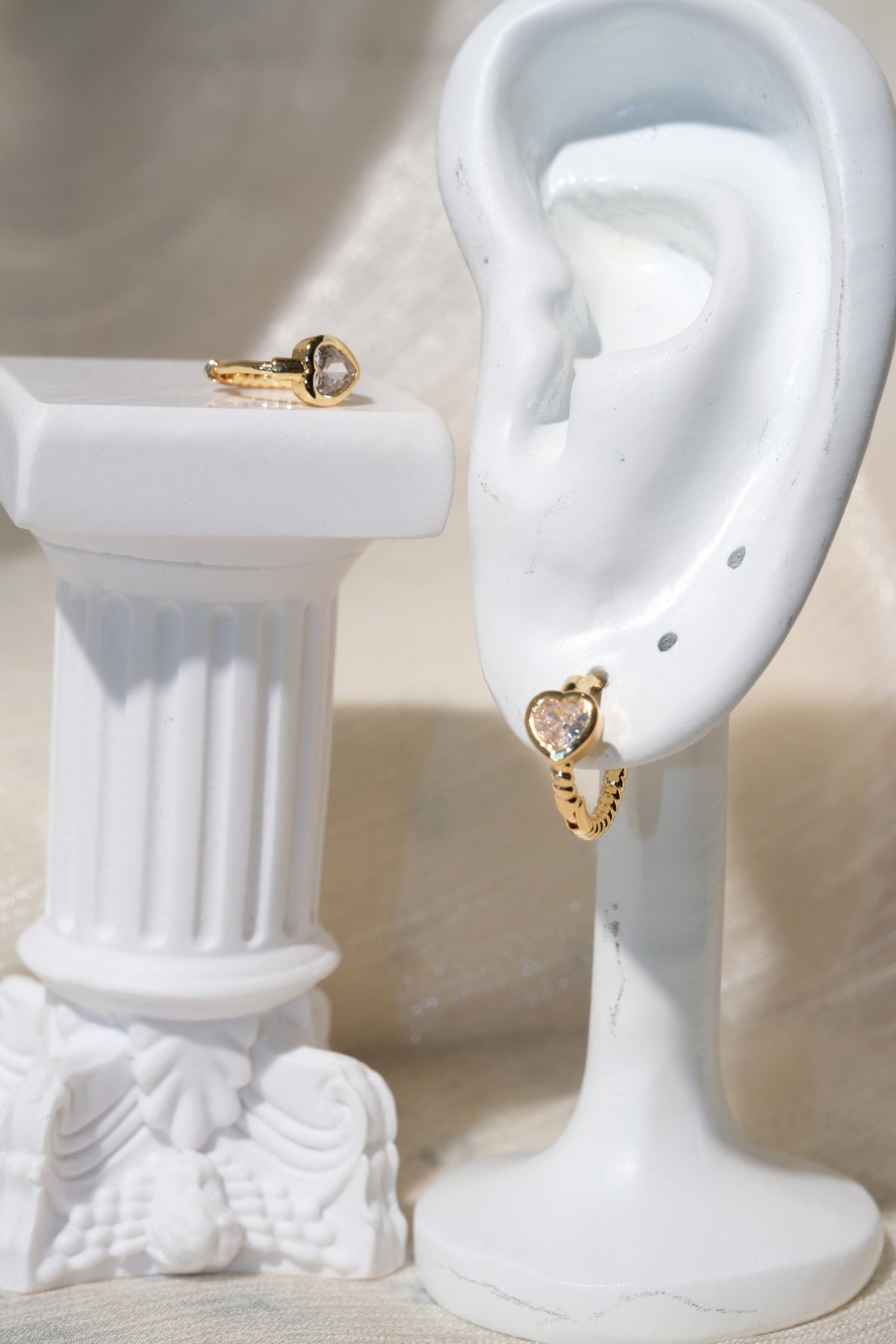 Beaded Heart CZ Huggies — Gold — edited real product photo