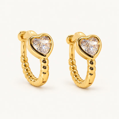 Beaded Heart CZ Huggies — Gold — white background