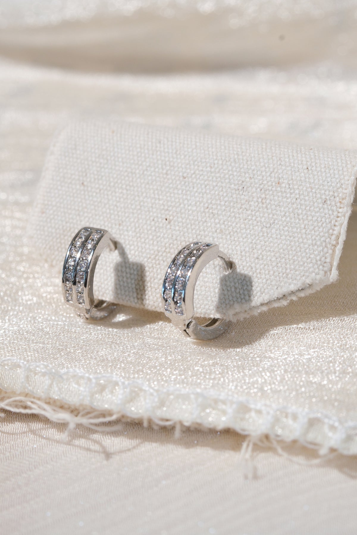 Double Channel CZ Hoops — Silver — edited real product photo