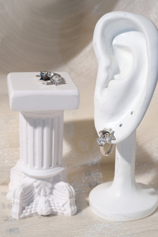 Star Accent CZ Hoops — Silver — edited real product photo