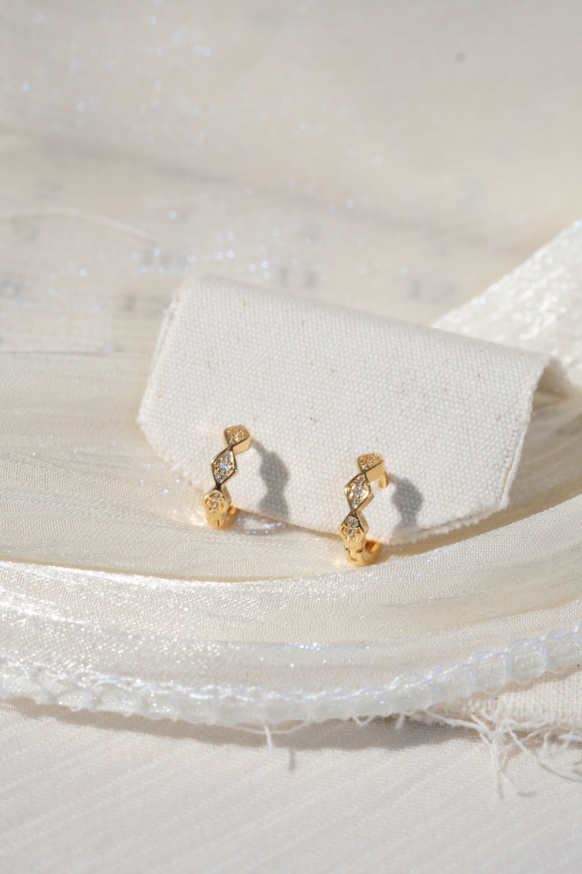 Geometric CZ Huggies — Gold — edited real product photo