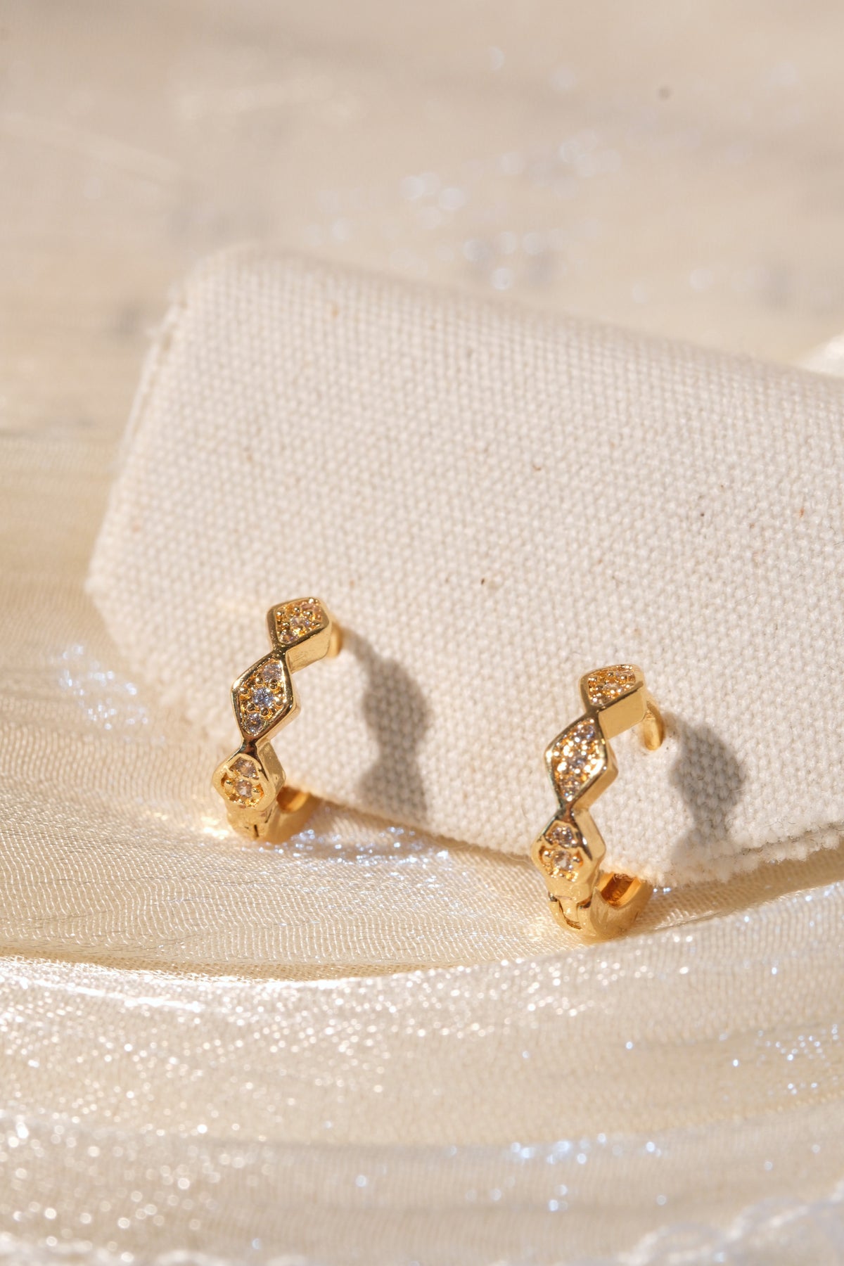 Geometric CZ Huggies — Gold — edited real product photo