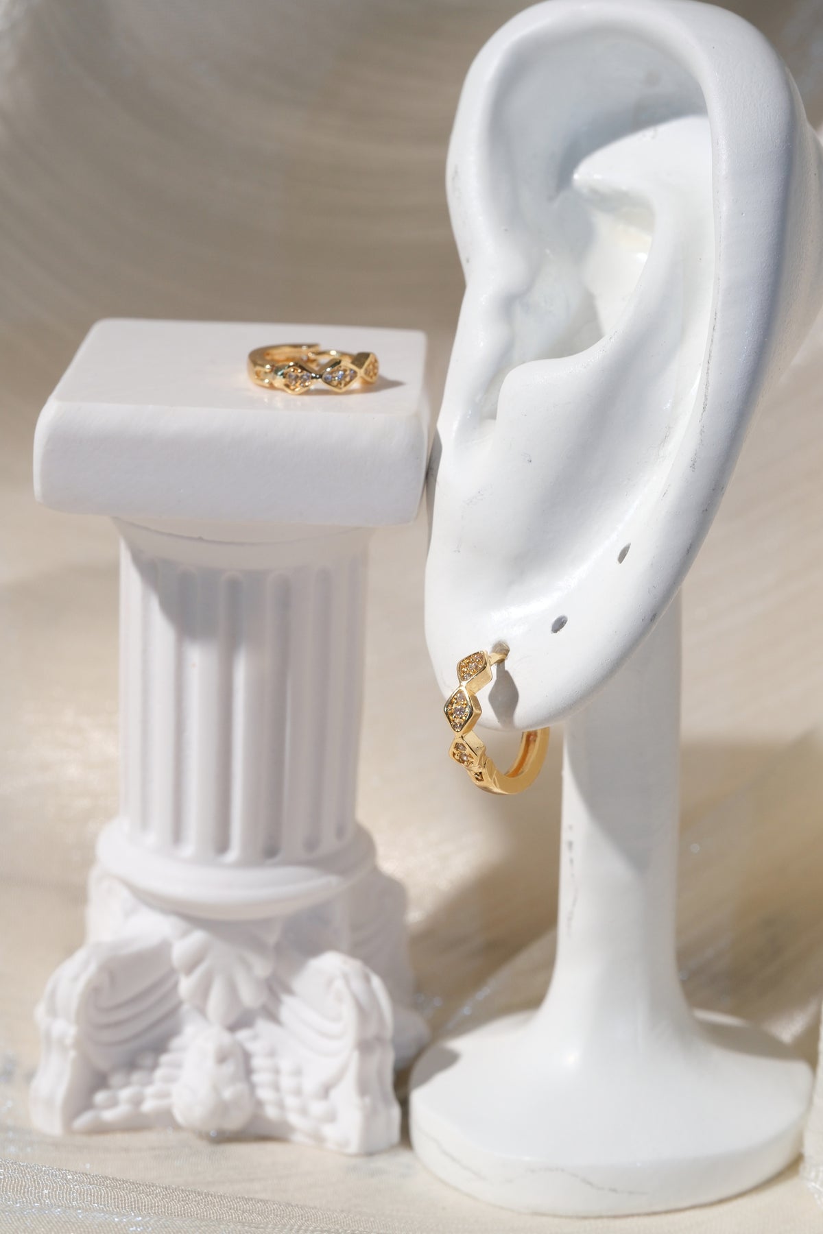Geometric CZ Huggies — Gold — edited real product photo