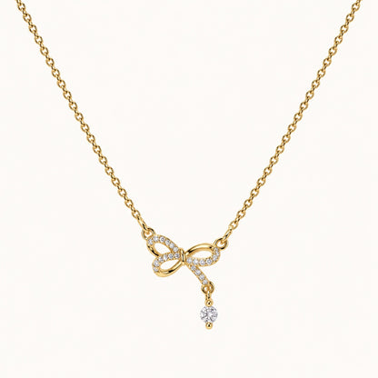 CZ Bow Drop Necklace — Gold — white background