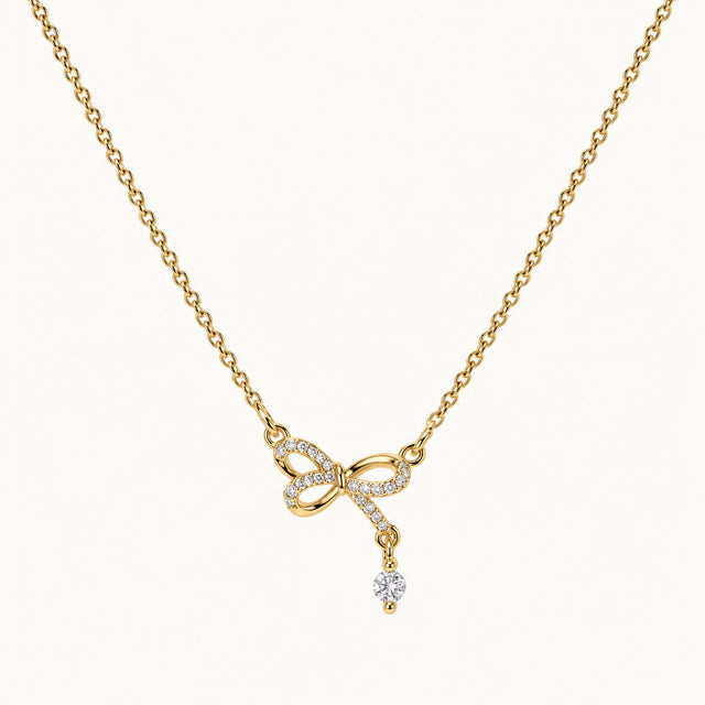 CZ Bow Drop Necklace — Gold — white background