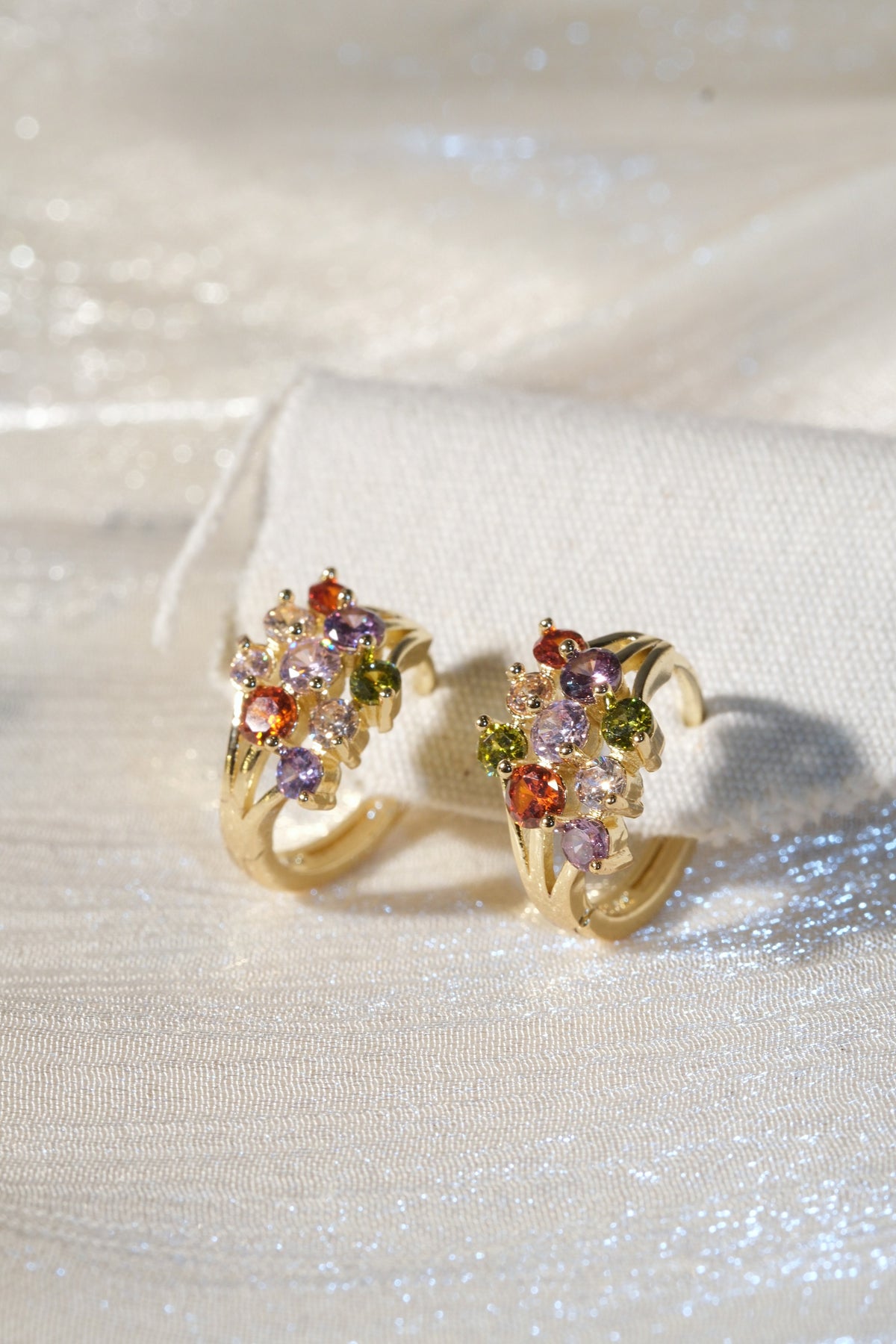 Confetti CZ Cluster Hoop Earrings — Gold — edited real product photo