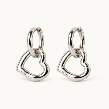 Open Heart Drop Earrings — Silver — white background