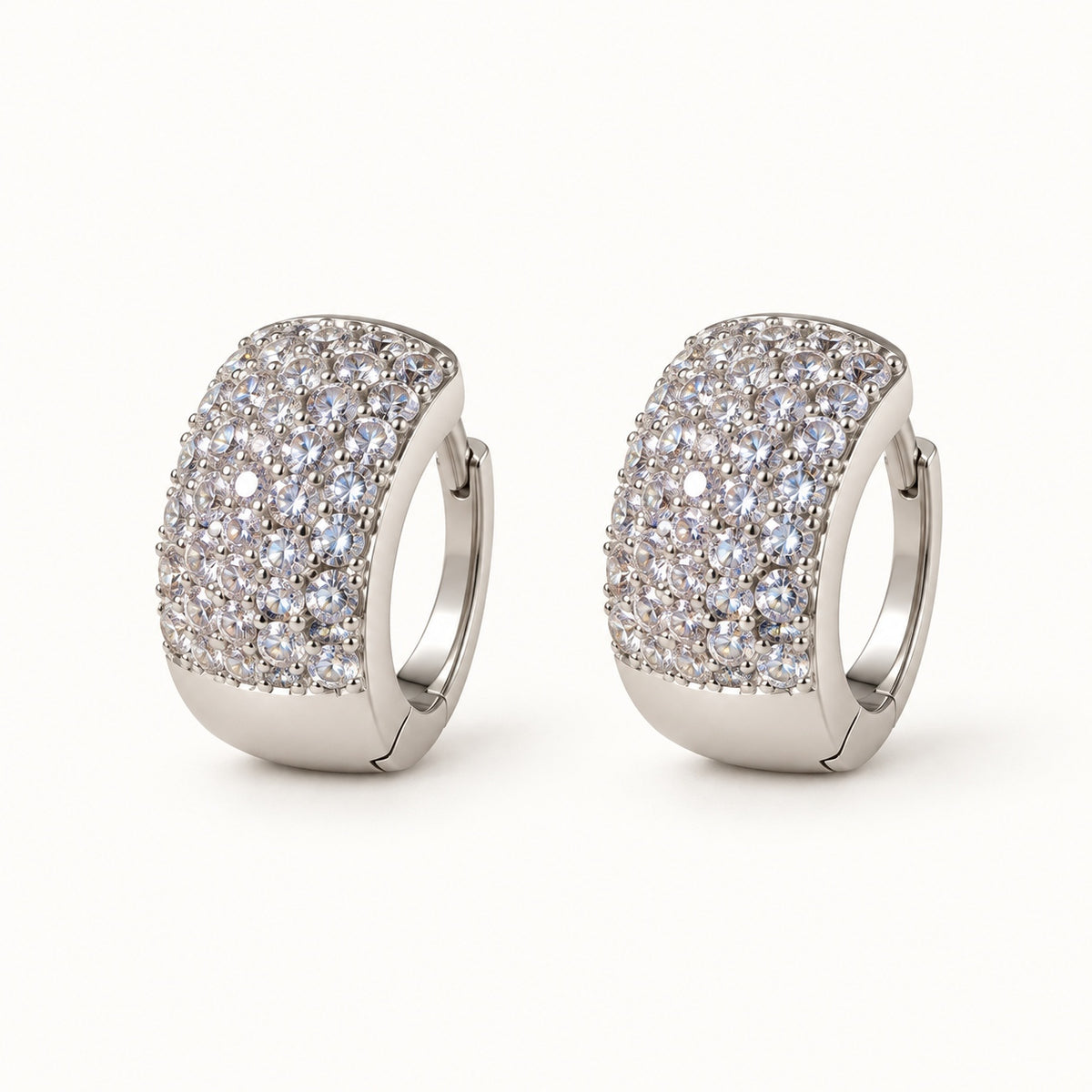 Wide Pavé Huggie Earrings — Silver — white background