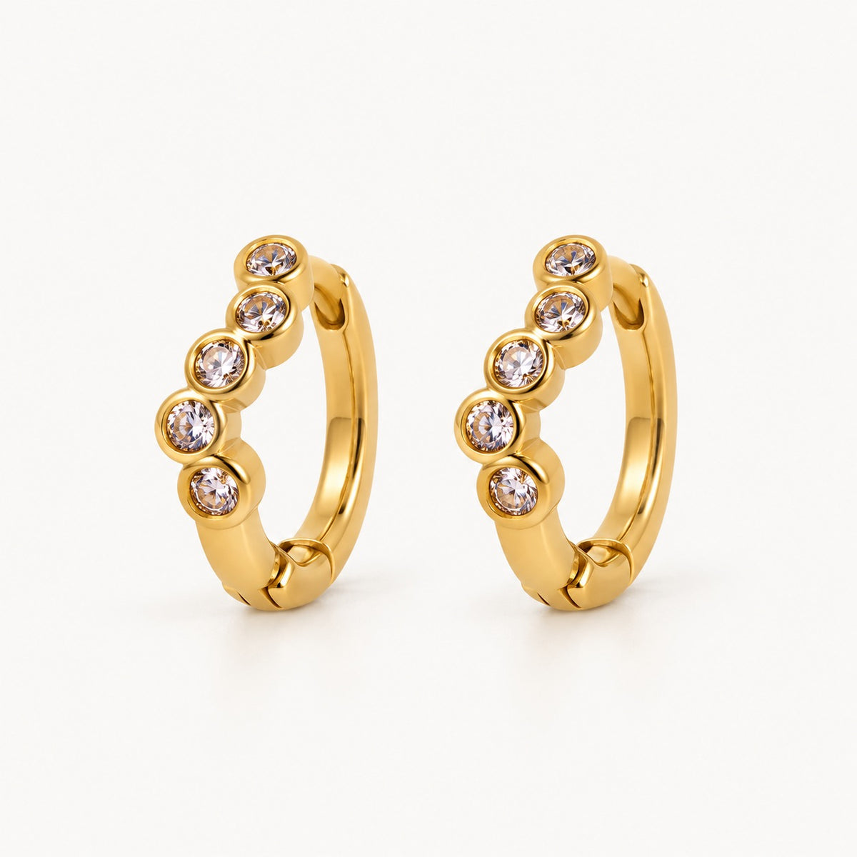 Five-Stone Bezel CZ Huggie Earrings — Gold — white background