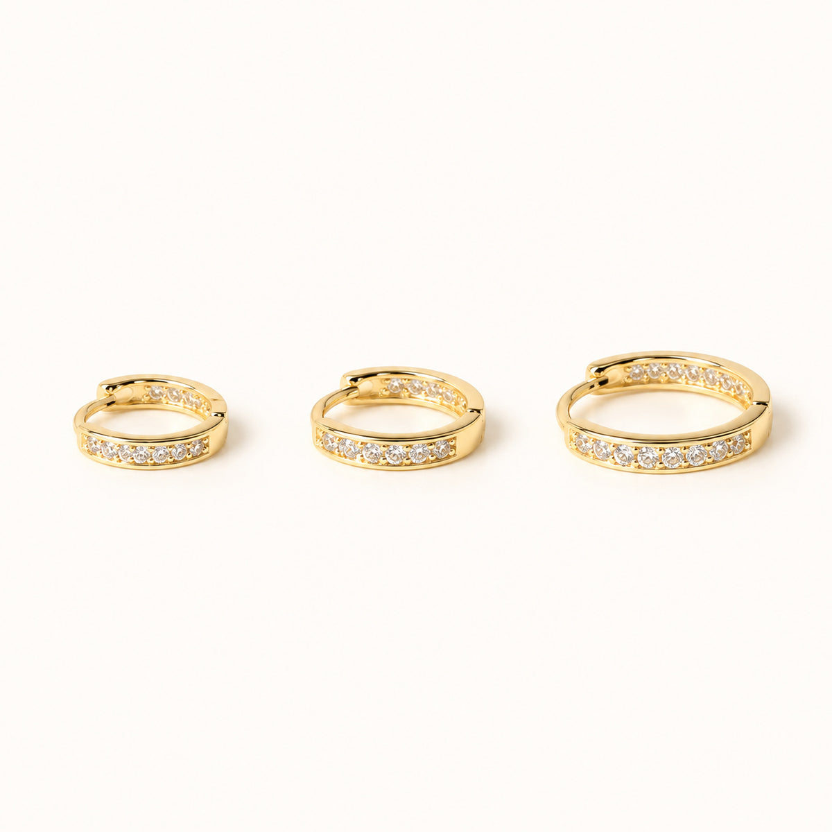 Slim Pave Hoop Earrings — Gold — white background, S M L sizes shown