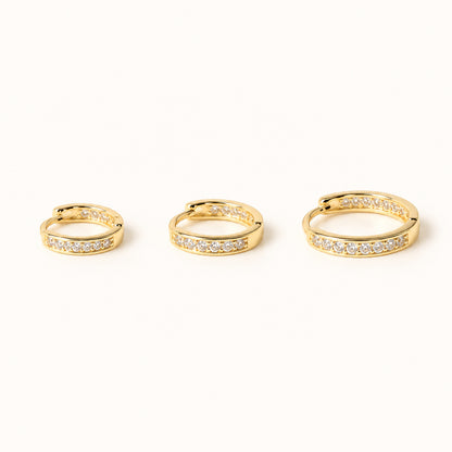 Slim Pave Hoop Earrings — Gold — white background, S M L sizes shown