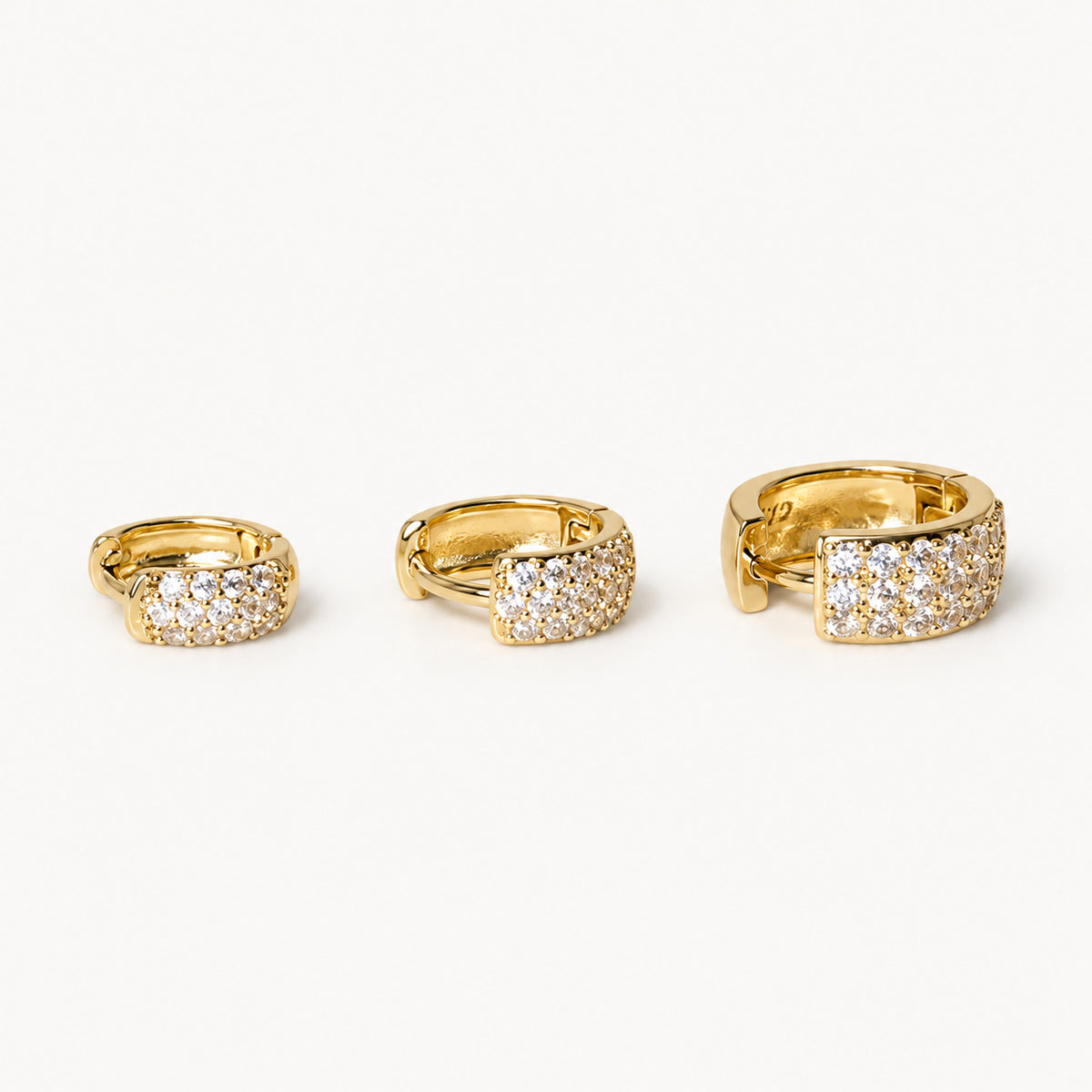 Double Row Pave Hoop Earrings — Gold — white background, S M L sizes shown