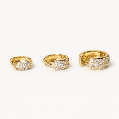 Double Row Pave Hoop Earrings — Gold — white background, S M L sizes shown