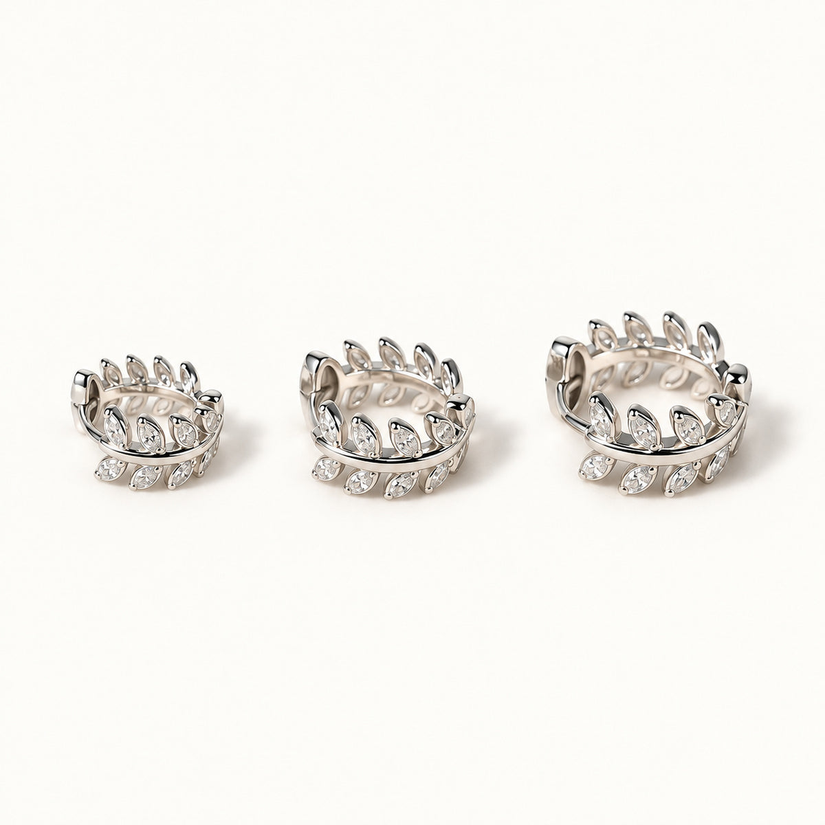 Leaf CZ Hoop Earrings — Silver — white background, S M L sizes shown