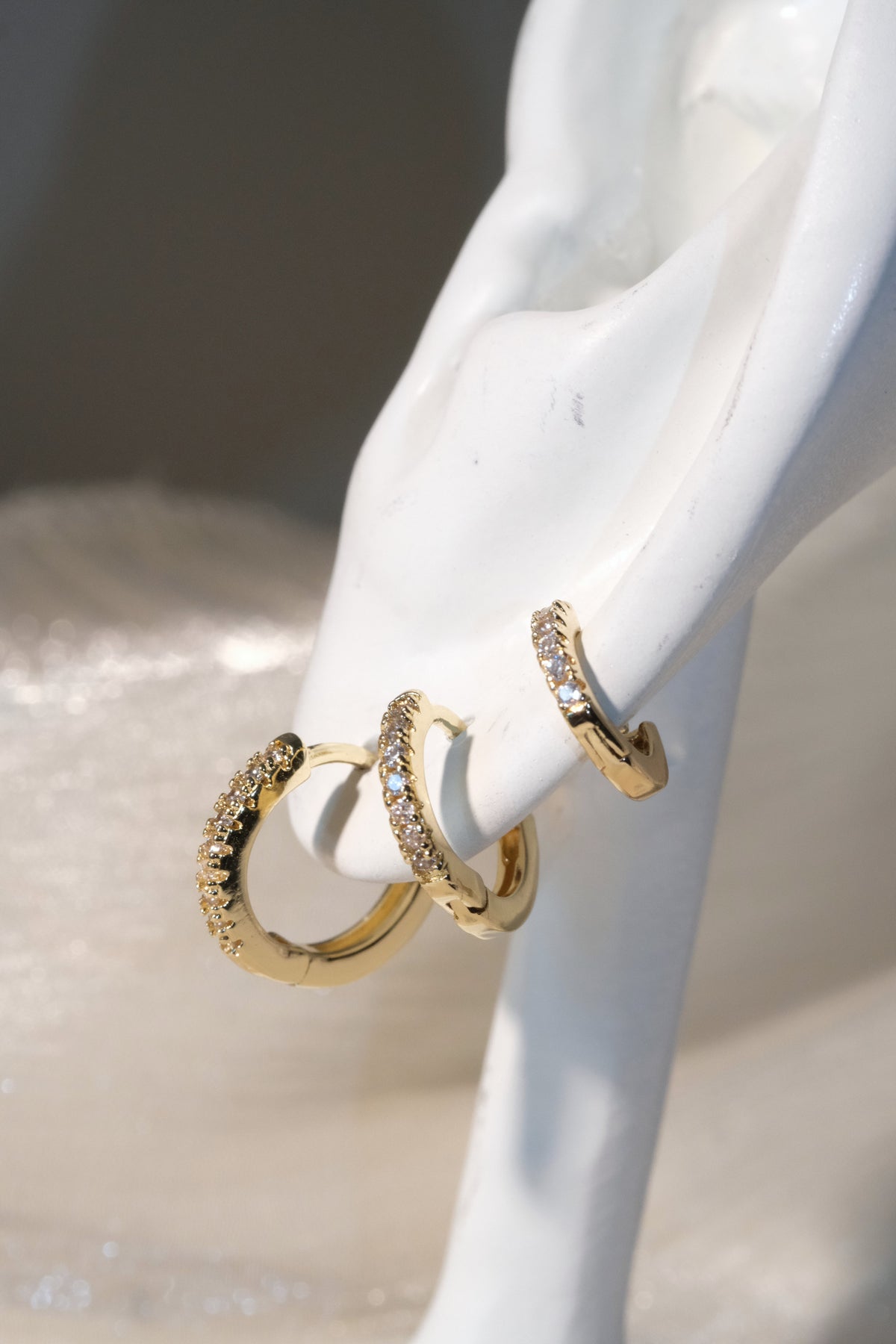 Prong Set CZ Hoop Earrings — Gold — edited real-life photo