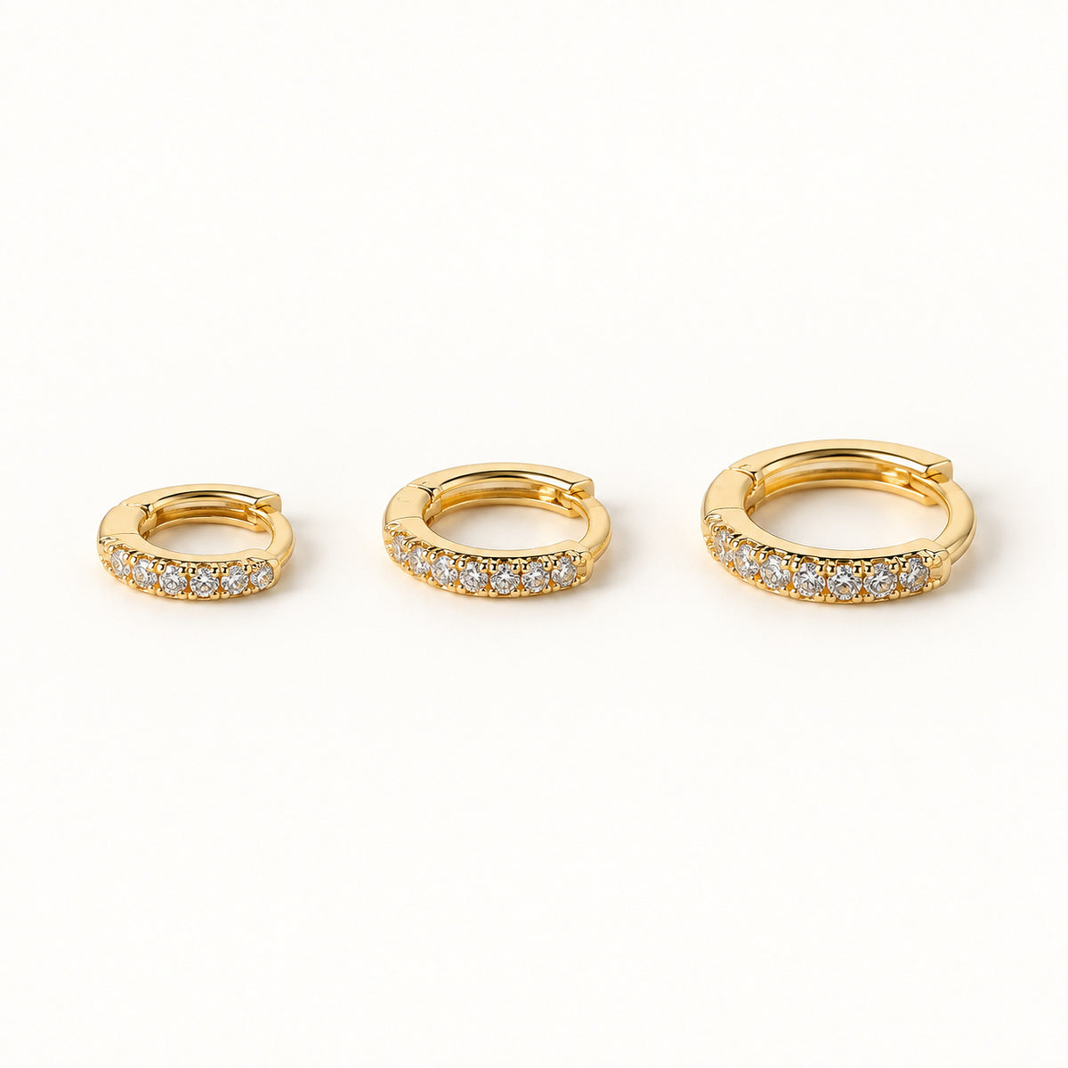 Prong Set CZ Hoop Earrings — Gold — white background, S M L sizes shown