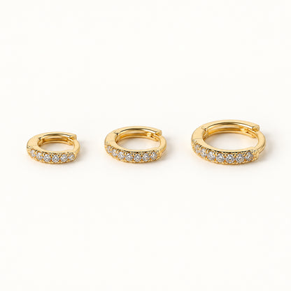 Prong Set CZ Hoop Earrings — Gold — white background, S M L sizes shown