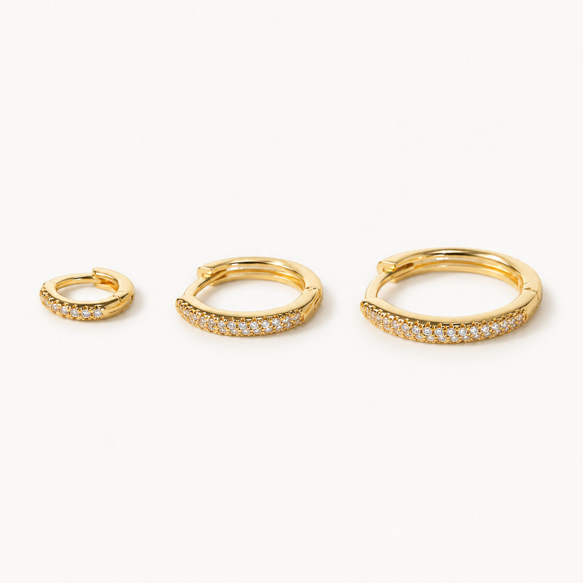 Slim CZ Hoop Earrings — Gold — white background, S M L sizes shown