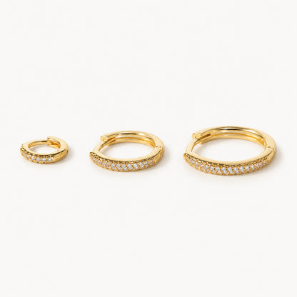 Slim CZ Hoop Earrings — Gold — white background, S M L sizes shown