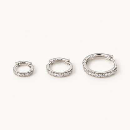 Prong Set CZ Hoop Earrings — Silver — white background, S M L sizes shown