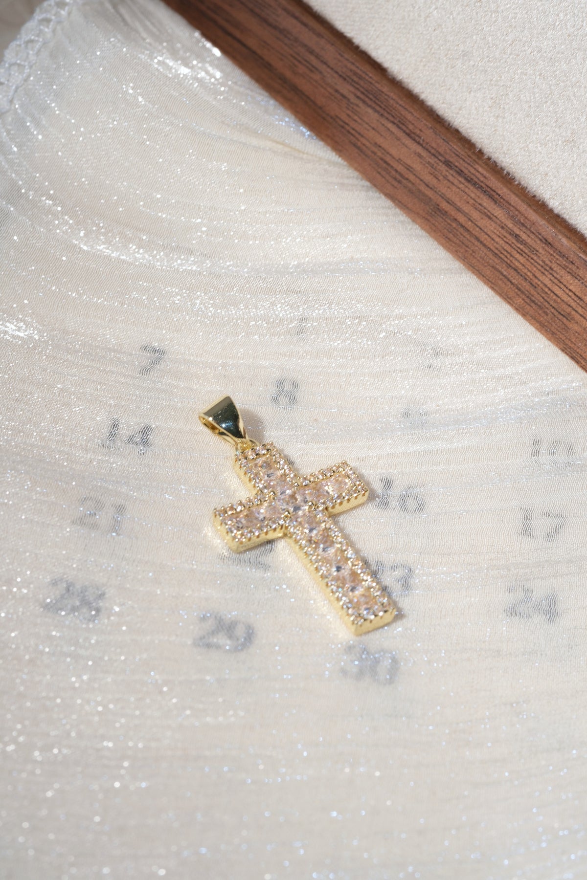 Pave Cross Pendant — Gold — edited real-life photo