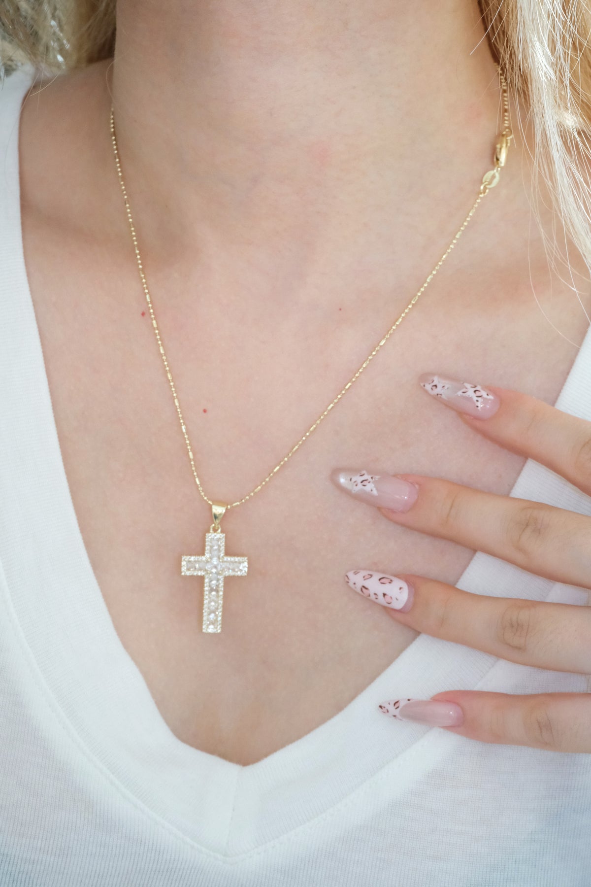 Pave Cross Pendant — Gold — edited real-life photo
