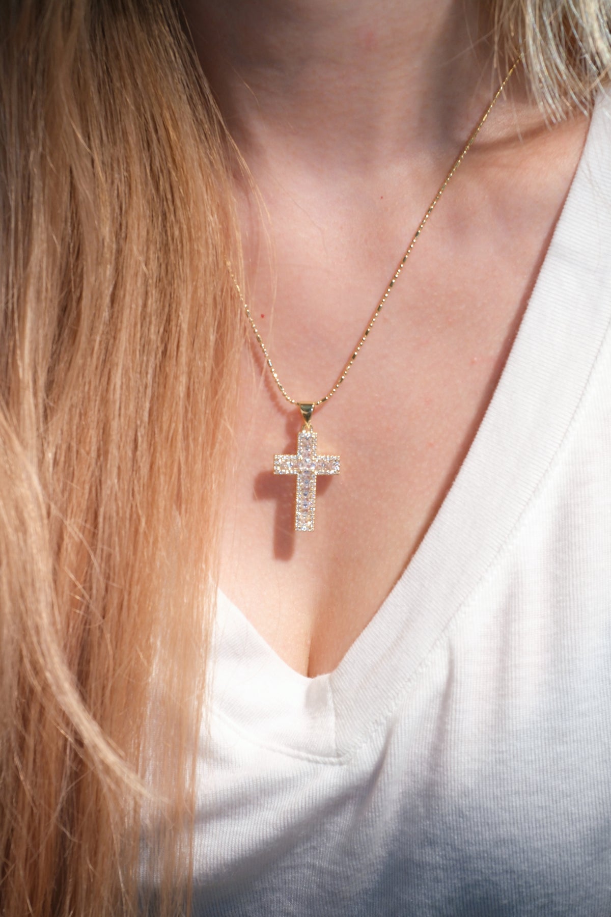 Pave Cross Pendant — Gold — edited real-life photo