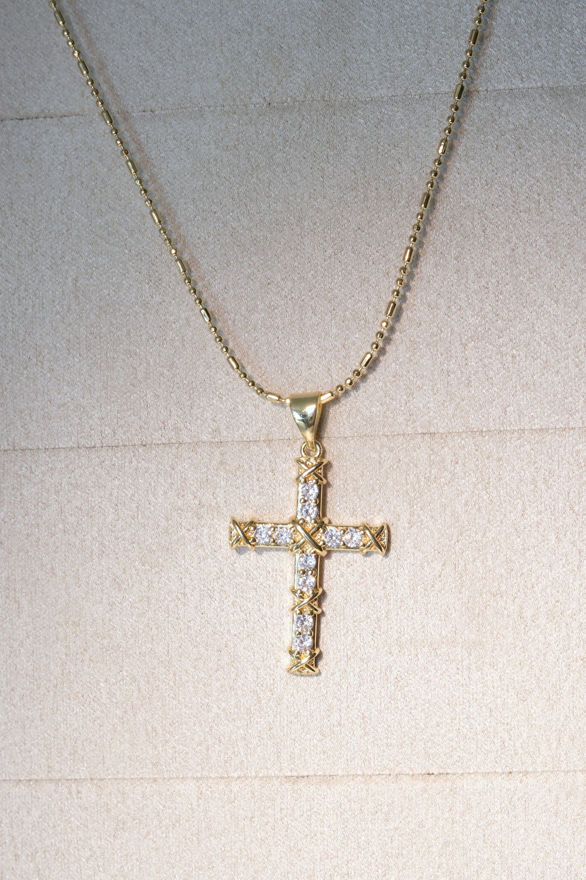 Beaded Cross Pendant — Gold — edited real-life photo