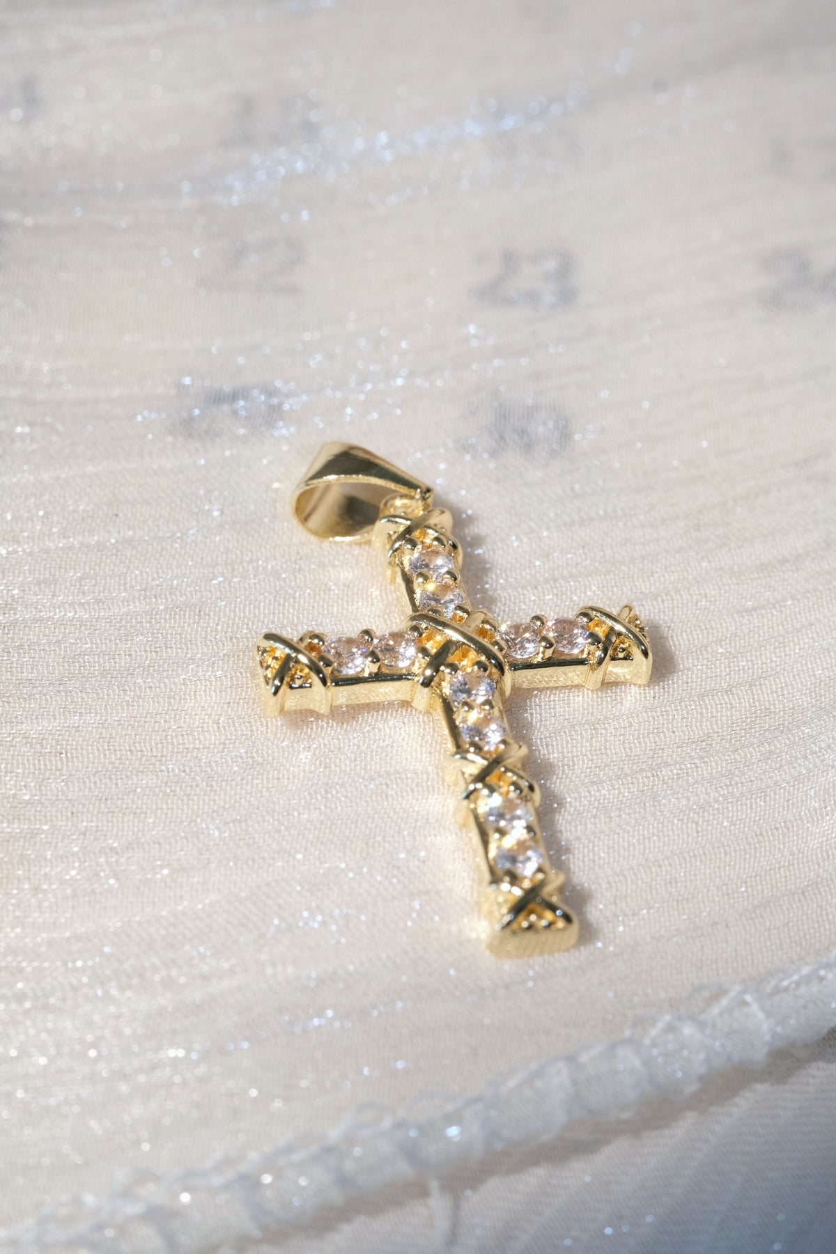 Beaded Cross Pendant — Gold — edited real-life photo