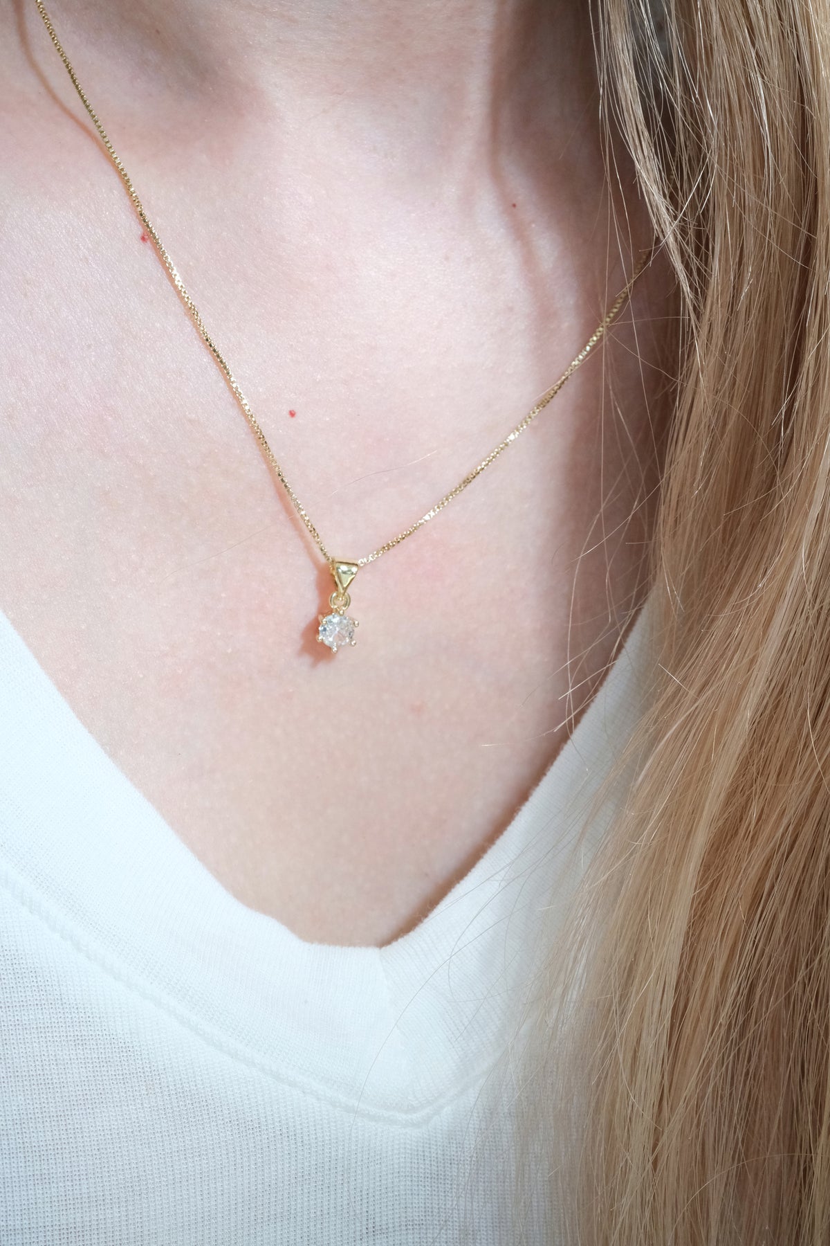 Round Solitaire Pendant — Gold — edited real-life photo