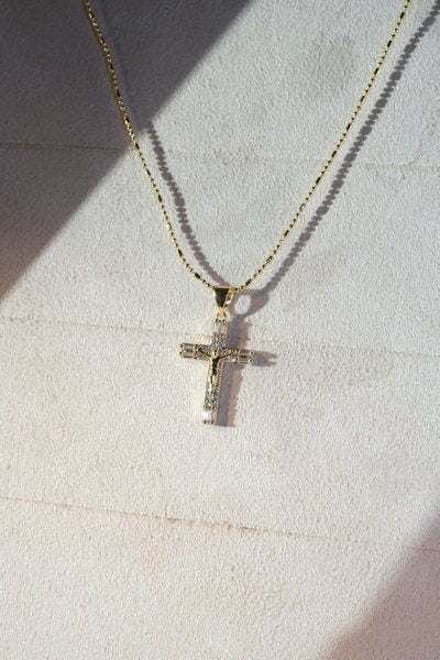 Baguette CZ Crucifix Pendant — Gold — edited real-life photo