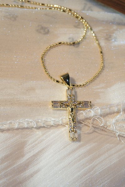 Baguette CZ Crucifix Pendant — Gold — edited real-life photo