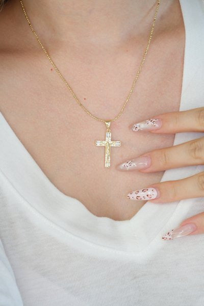Baguette CZ Crucifix Pendant — Gold — edited real-life photo