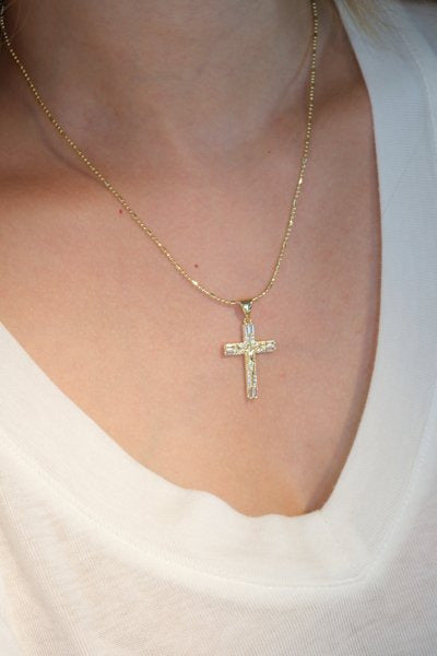 Baguette CZ Crucifix Pendant — Gold — edited real-life photo